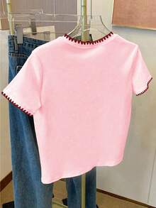 Resyla Women's Casual Everyday Commute Embroidery Trim Bow Pattern Short Sleeve T-Shirt, Summer - Pink - View 2