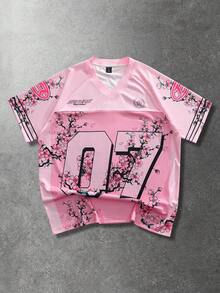 ROMWE MEN Prep Áo thun nam tay ngắn in số và chữ số, kiểu dáng thường ngày, thích hợp cho các hoạt động thể thao mùa xuân/hè. - Hồng - Xem 8