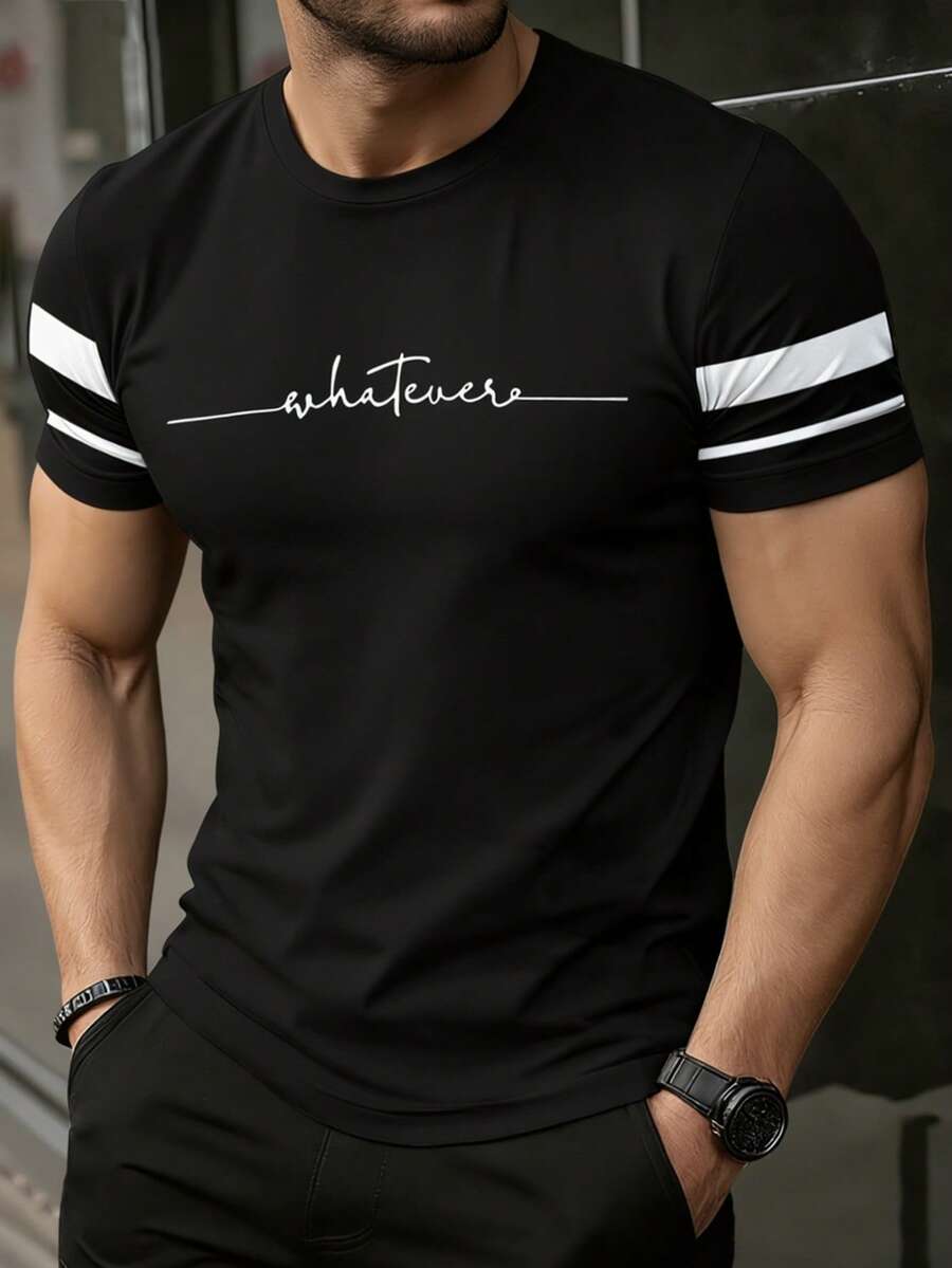 Manfinity Homme Men's Letter & Striped Print Casual Round Neck Short Sleeve T-Shirt - Black - View 1