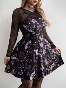 Whyspr 大码女装新款圆领复古休闲学院风暗黑朋克风印花拼接网纱缎带装饰A字长袖连衣裙，适合日常穿着、办公室、感恩节、新年派对、万圣节、度假、返校、节日、生日派对、音乐节、情人节、春夏等场合。 - 紫色 - 查看 3