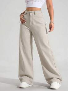 SHEIN ICON 大码女式松紧腰复古浅蓝色直筒牛仔裤 - 杏色 - 查看 6