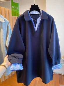 SHEIN 大码女式条纹拼接休闲宽松长袖卫衣 - 藏蓝色 - 查看 1