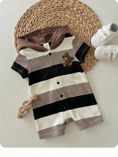 Newborn Baby Boy Cute Summer Knitted Colorblock Striped Bear Pattern Hooded Romper