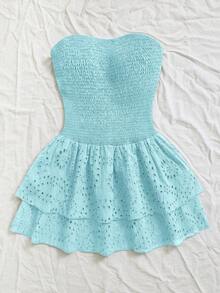 SHEIN Unity Navy Blue Vacation Style Pleated Sleeveless Halter Sexy Cinched Waist Hollow Embroidered Ruffle Hem Elegant Dress - Mint Blue - View 4