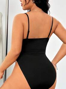 SHEIN EZwear Plus Size Women's Summer Ice Silk Breathable Black Lace Bow Decor Camisole Bodysuit, Stretchy & Slimming - Black - View 2