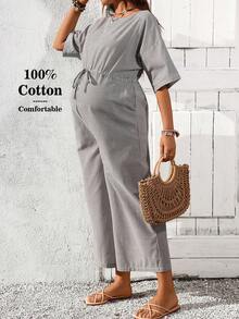 SHEIN Maternity Striped Round Neck Drop Shoulder Waist Tie Wide Leg Casual Jumpsuit - Multicolor - View 8