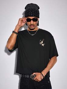 ROMWE MEN Street Life Camiseta de manga corta casual y versátil con cuello redondo y bordado floral para hombre - Negro - Ver 12