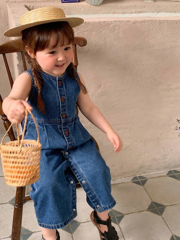 Baby Girls' Vintage Casual Sleeveless Denim Jumpsuit Summer Toddler Girls Clothes