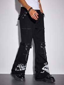 ROMWE MEN Street Life Quần jeans ống loe nam phong cách Gothic thường ngày, in hình đầu lâu, rách rưới, có túi nắp gập và dây xích trang trí. - màu đen - Xem 6