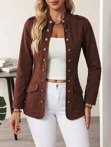 EMERY ROSE Plus Size Women's Long Sleeve Single-Breasted Casual Denim Jacket - Coffee Brown - View 6