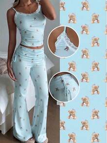 CovetEZ Printed Knit Camisole & Leggings Homewear Set Two Piece Sets Pants Set Two Piece Summer Pant Set Cute Two Piece Sets Ruched Pants Set Bear Print Pajama Set - Blue - View 1