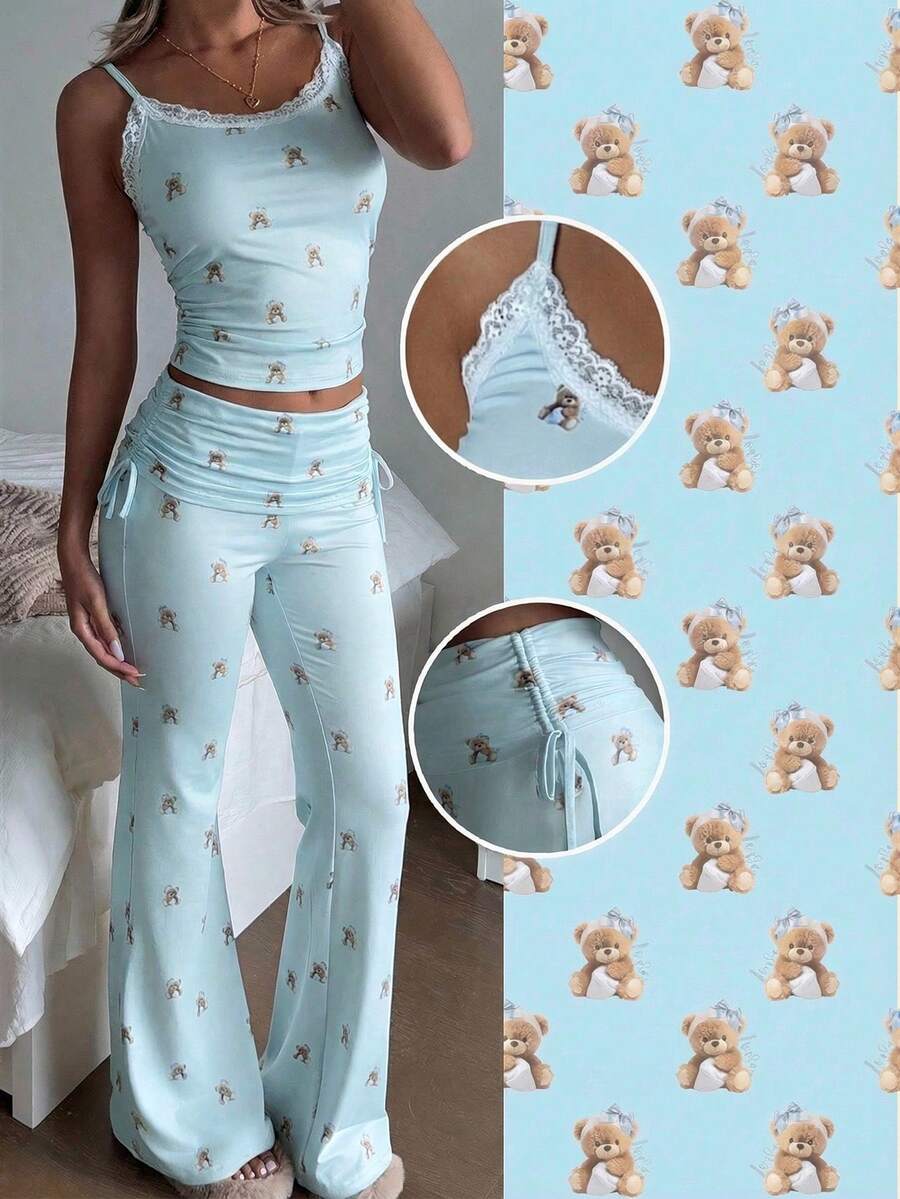 CovetEZ Printed Knit Camisole & Leggings Homewear Set Two Piece Sets Pants Set Two Piece Summer Pant Set Cute Two Piece Sets Ruched Pants Set Bear Print Pajama Set - Blue - View 1