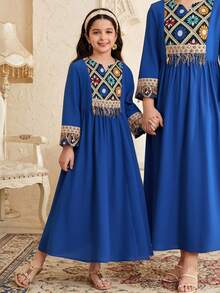 SHEIN Đầm dáng rộng thoải mái, phối màu trơn, đính cườm, dành cho bé gái tuổi teen. - Màu xanh lam - Xem 4