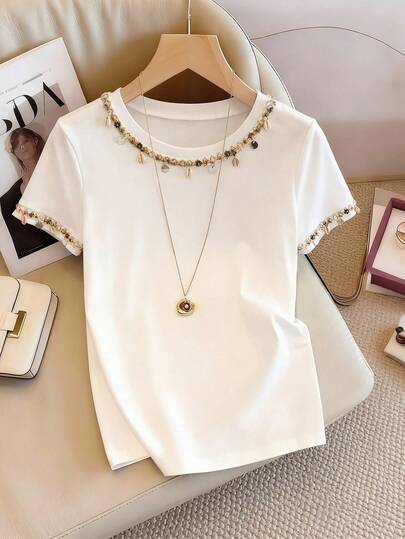 Franclia Camiseta de mujer de manga corta con cuello redondo y ribete de encaje floral retro