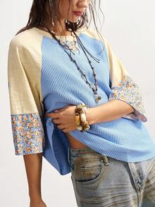 Bohemela 女士夏季休闲度假波西米亚乡村风撞色拼接圆领短袖宽松T恤 - 彩色 - 查看 3