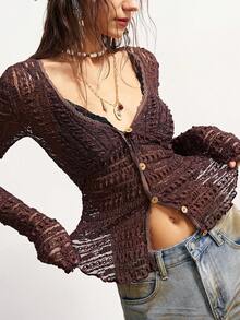 Bohemela Áo thun nữ tay dài cổ chữ V màu nâu trơn, chất liệu dệt kim có họa tiết, kiểu dáng thường ngày, thích hợp cho ngày Valentine, mùa hè, xuân, ngày lễ tình nhân. - Màu xanh lam - Xem 2