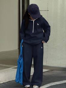 DAZY Bộ 2 áo hoodie đan len thêu họa tiết cho bé gái tuổi teen và quần lót giữ nhiệt, Thu/Đông - Màu xanh hải quân - Xem 1