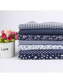 7Pcs/Set, DIY Fabric Set - Square, Multiple Patterns (Red Stars, Grids, Flowers, Polka Dots, Etc.), Pre Cut Polyester Fabric, Suitable For Sewing, Quilting, And Handmade Scrapbooking - Navy Blue - View 7