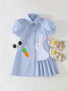 THE HAPPY LOOK Young Girl 3D Embroidered Animal Pattern Patchwork Pleated Asymmetrical Shirt Dress With Puff Sleeves A-Line - Baby Blue - View 3