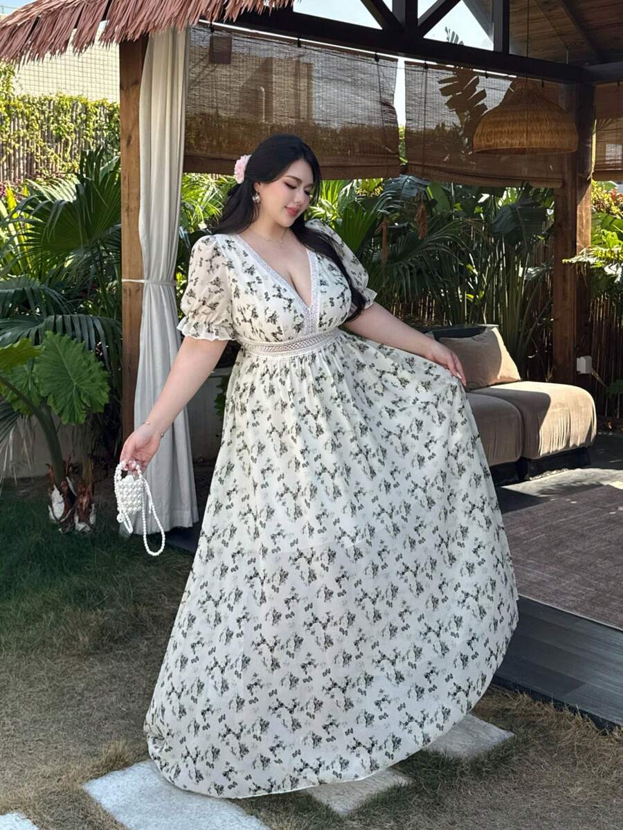 Vibekara 优雅复古法式花卉雪纺拼接镂空蕾丝边及膝V领泡泡袖腰带飘逸连衣裙，适合春、夏、秋季、度假、派对等场合。 - 彩色 - 查看 1