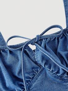 SHEIN MOD Women's Ruched Front Tie Back Zipper Denim Camisole Top - Blue - View 3