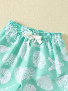 SHEIN 3pcs/Set Baby Boy Casual Vacation Cute Shell Pattern Short Sleeve Shirt, Swim Trunks And Sun Hat Set, Suitable For Beach, Surfing, Vacation, Swimming, Sun Protection,Kids - Mint Green - View 7