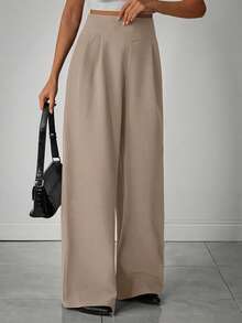 EURMUSE Pantalones anchos de mujer con detalles plisados de unicolor - Beis - Ver 4