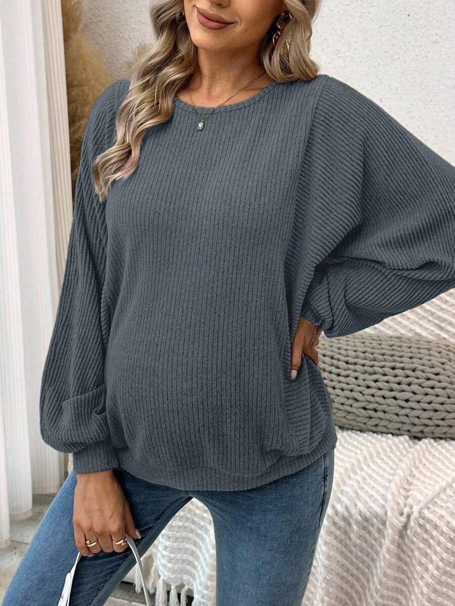 SHEIN 孕妇休闲纯色罗纹长袖卫衣 - 霧霾藍 - 查看 1