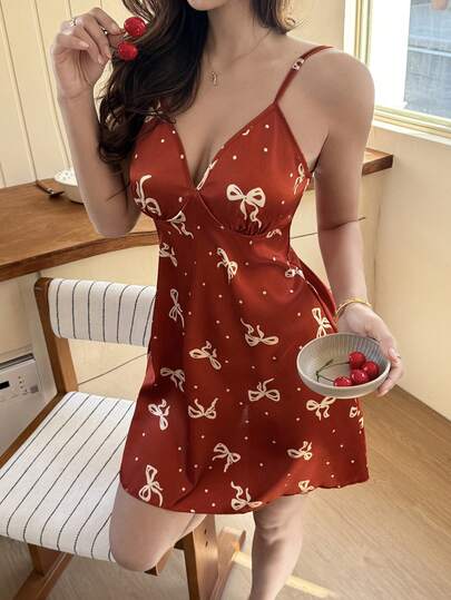 SHEIN Napfluff 女士仿丝波点深V领蝴蝶结吊带裙