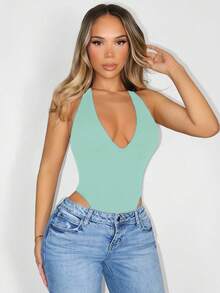 BamGleam Elegant Mint Blue Halter Bodycon Bodysuit Sleeveless Knitted Fabric Cut Out Detail Tummy Control - Mint Blue - View 5