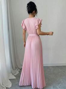 Elenzga V-Neck Cap Sleeve Ruched A-Line Elegant Romantic Sophisticated Women Dress - Dusty Pink - View 2