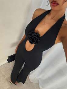 Glamine 女士纯色3D立体花卉装饰镂空性感吊带连体裤 - 黑色 - 查看 1