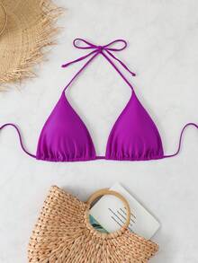 Slaydiva Top de bikini de triángulo con nudo de amarre en el cuello, unicolor, talla grande - Morado - Ver 3