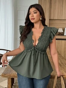 Weeklong 大码女式休闲/度假/通勤蕾丝荷叶边V领短袖衬衫 - 軍綠色 - 查看 3