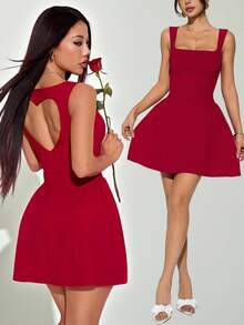 SHEIN PETITE 女士约会派对纯色红色迷你A字领丰满方领性感优雅收腰连衣裙，夏季女装 - 紅色 - 查看 6