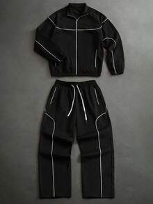 PAVTROS Men's Casual Fashion Street Contrast Piping Zip-Up Jacket And Drawstring Waist Long Pants Set, Spring/Autumn - Black - View 1