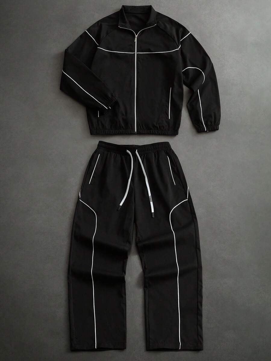 PAVTROS Men's Casual Fashion Street Contrast Piping Zip-Up Jacket And Drawstring Waist Long Pants Set, Spring/Autumn - Black - View 1
