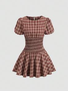 Sweetra Y2K Sexy Retro Plaid Vacation Subculture Academia Style Dress - Coffee - View 1
