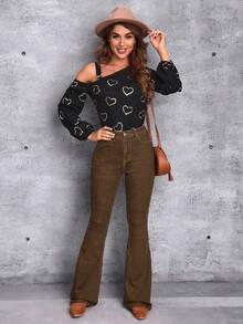 SHEIN Tall Women's High Waist Pockets Casual Versatile Flare Jeans - Khaki - View 5