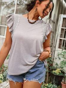 Freevana Áo thun nữ cỡ lớn màu trơn cổ tròn tay ngắn phối ren tương phản kiểu dáng thường ngày - Lạc đà - Xem 6