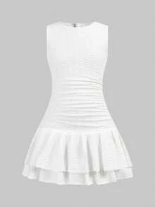 SHEIN Tween Girls' Casual Solid White Crew Neck Sleeveless Side Ruched Textured Knit Mini Dress - White - View 3
