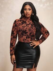 Truni Plus Size Floral Print Sheer Stand Collar Mesh Blouse (Bralette Not Included),Autumn Outfits For Women, Women's Clothing, For Pear Triangle Body Shape - Brown - View 5