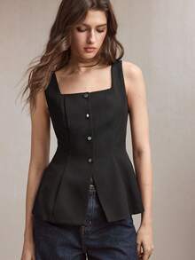 BizChic New Spring/Summer Black Square Neck Front Open Metal Rhinestone Decor Vest, Versatile For Layering, Y2K, Office, Business, Social Occasions - Black - View 5