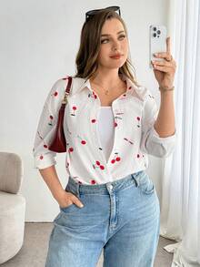 Shapeblank Áo sơ mi trắng dài tay cài cúc in hình quả anh đào, kiểu dáng thường ngày thoải mái, rộng rãi, đa năng dành cho nữ cỡ lớn, thời trang xuân/hè. - trắng - Xem 5