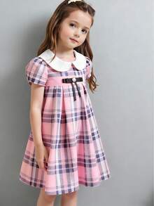 Girls Peter Pan Collar Plaid Preppy Style Short Sleeve Dress - Pink - View 3