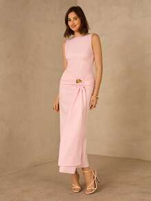 Enchnt 法式奢华褶裥连衣裙，高端优雅修身女士正式礼服 - 粉色 - 查看 3