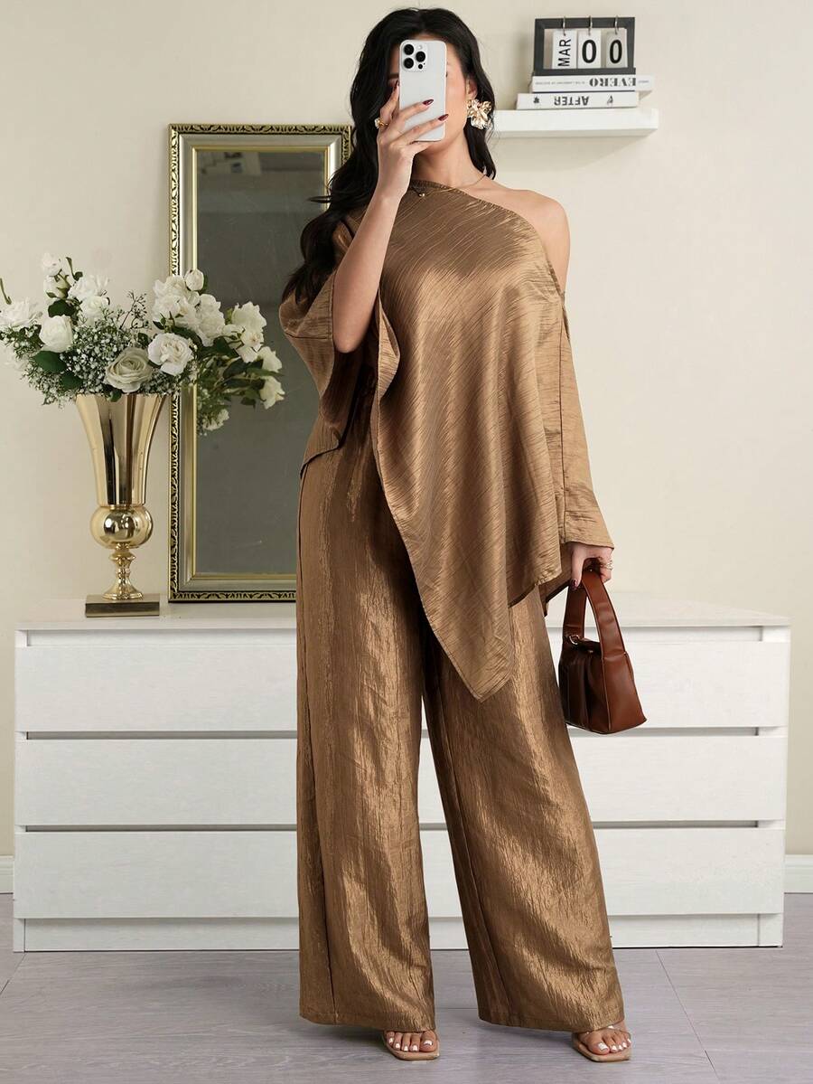 Modelyn 女士纯色不对称下摆蝙蝠袖上衣和阔腿裤时尚两件套 - 咖啡棕 - 查看 1