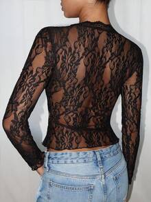 SHEIN PETITE 女士秋季/四季街头风锐舞节波西米亚西部风Y2K辣妹蕾丝V领长袖T恤 - 黑色 - 查看 3