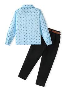 男童绅士风套装（两件套）：蓝色印花长袖衬衫+经典黑色长裤，舒适休闲时尚，适合日常穿着、生日派对、婚礼、感恩节、正式场合、演出、春秋季节等场合。 - 藍色 - 查看 2