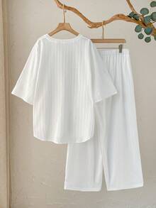 Rusticease Bộ đồ 2 món cỡ lớn, kiểu dáng thường ngày, màu trơn: áo và quần. - trắng - Xem 2